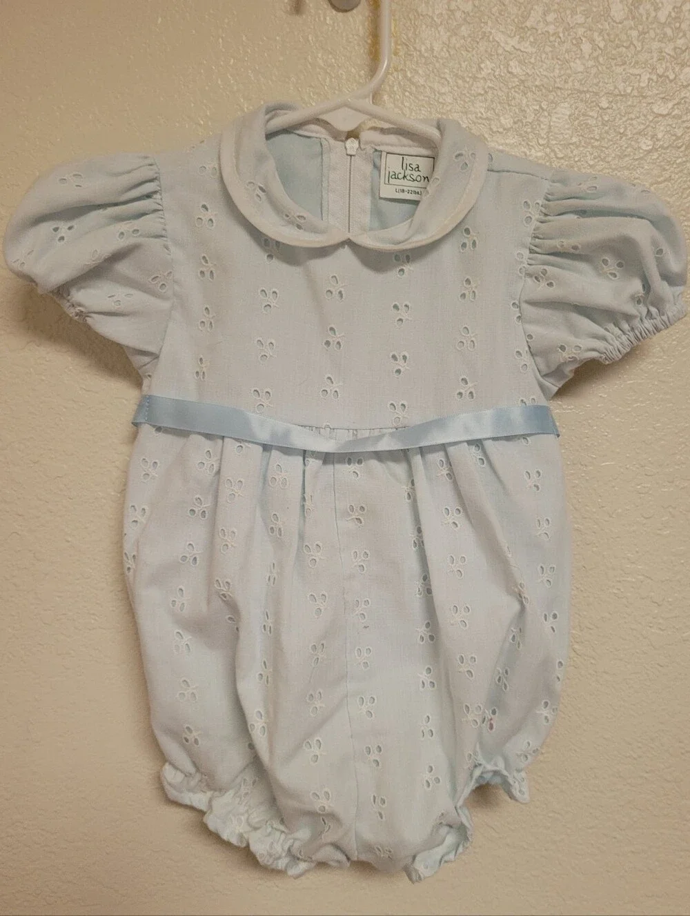Lisa Jackson Blue Eyelet Bubble Romper with Satin Belt